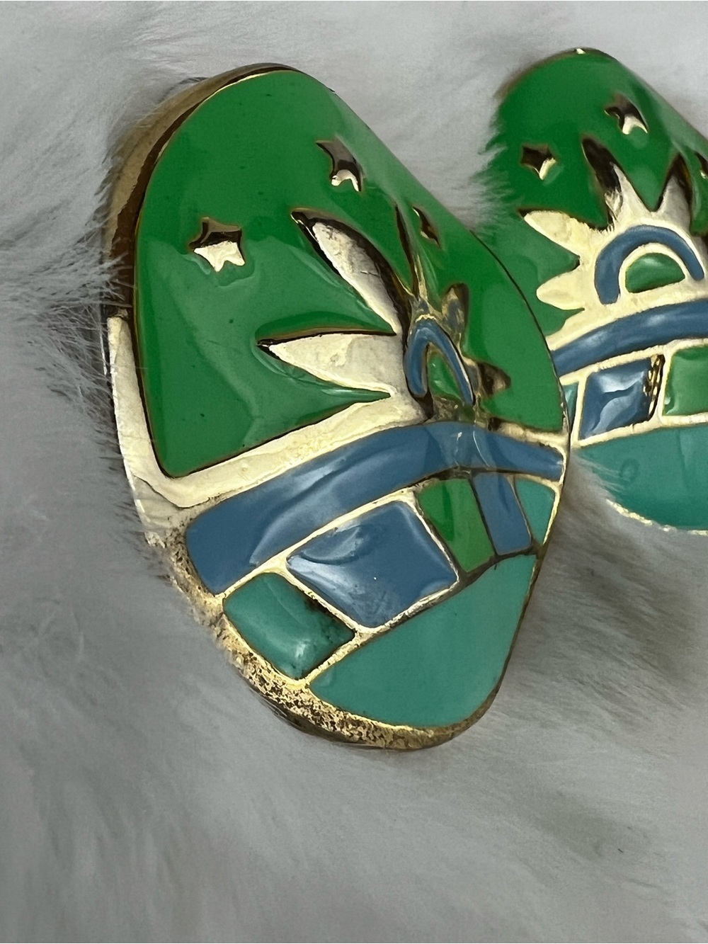 VTG 80s Green Blue Enamel Geometric Sun Landscape Post Earrings - Picture 2 of 8
